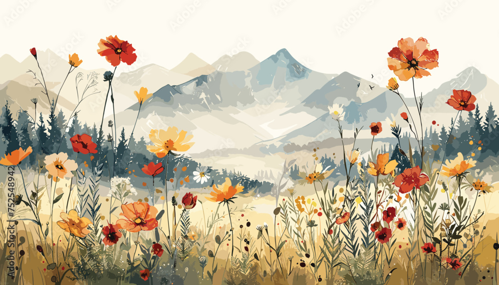 Naklejka premium Watercolor Wildflower Meadows, watercolor flowers, wildflower pattern, meadow landscape design vector illustration background