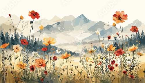 Watercolor Wildflower Meadows, watercolor flowers, wildflower pattern, meadow landscape design vector illustration background © gfx_nazim