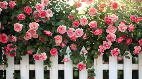 bushes of tender  blooming roses lining a white picket fence.
