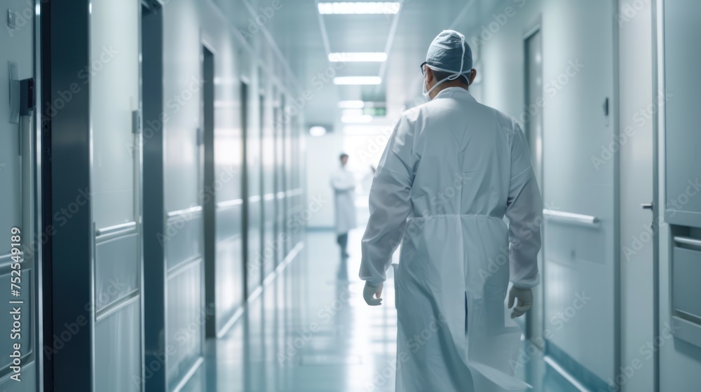 Silhouette of a doctor walking in a hurry in the hospital corridor Silhouette of a doctor walking in a hurry in the hospital corridor
