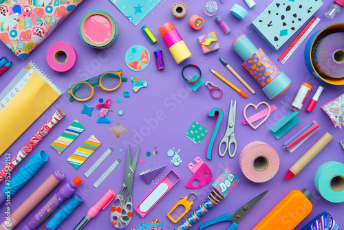 A colorful assortment of art supplies, including scissors, pens, pencils, and tape, arranged on a purple background. Concept of creativity and inspiration