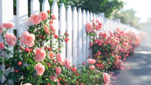 bushes of tender, blooming roses lining a white picket fence. © lililia