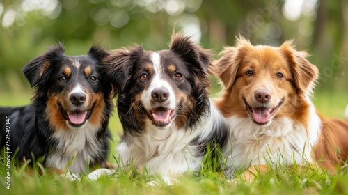 several dogs sit on the grass and bask in the sun's rays