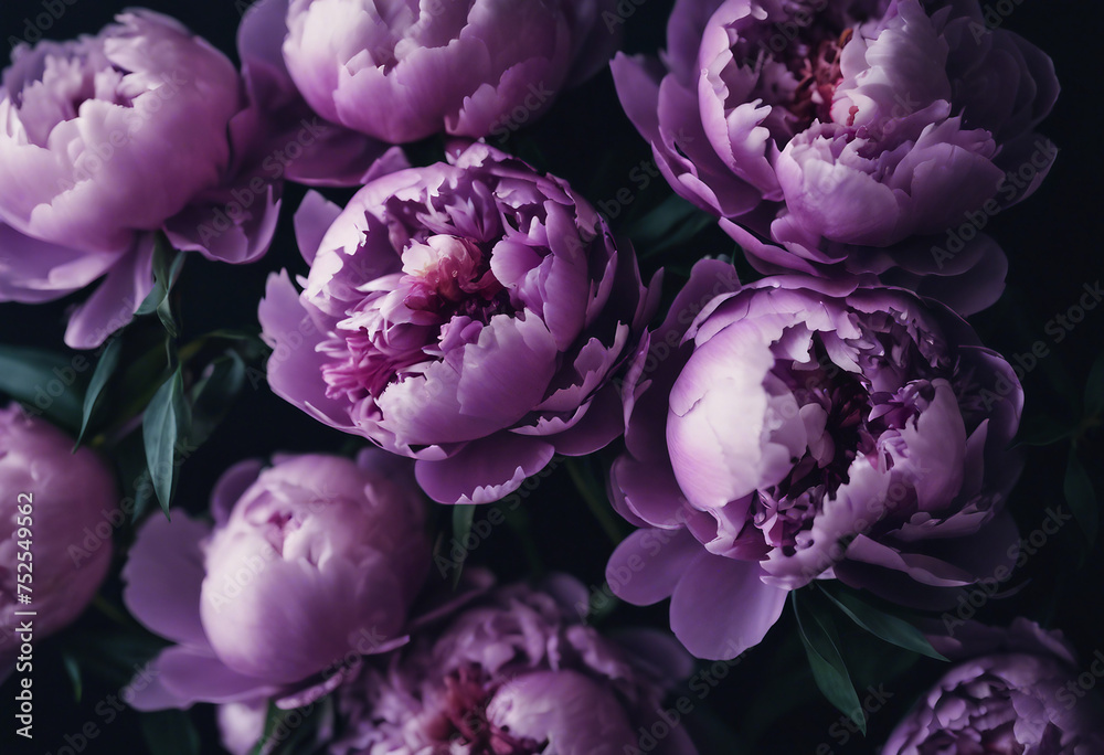 Obraz premium Beautiful purple peonies bouquet on black background soft focus Dark Spring or summer floral background