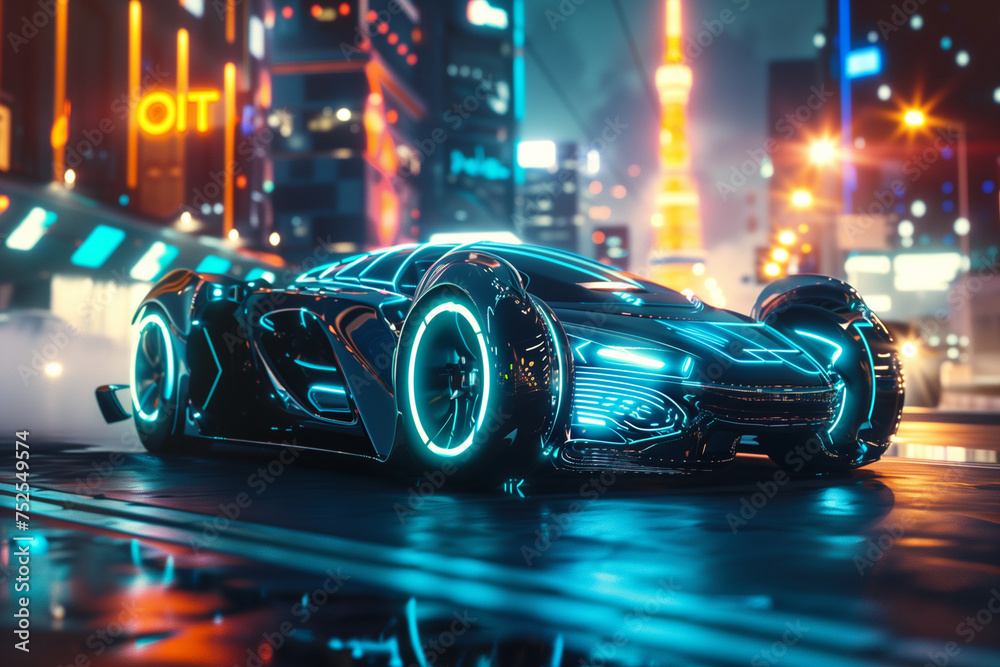 A futuristic car with neon lights on the wheels and a shiny black body. The car is surrounded by a cityscape with tall buildings and a highway in the background. Scene is futuristic and exciting