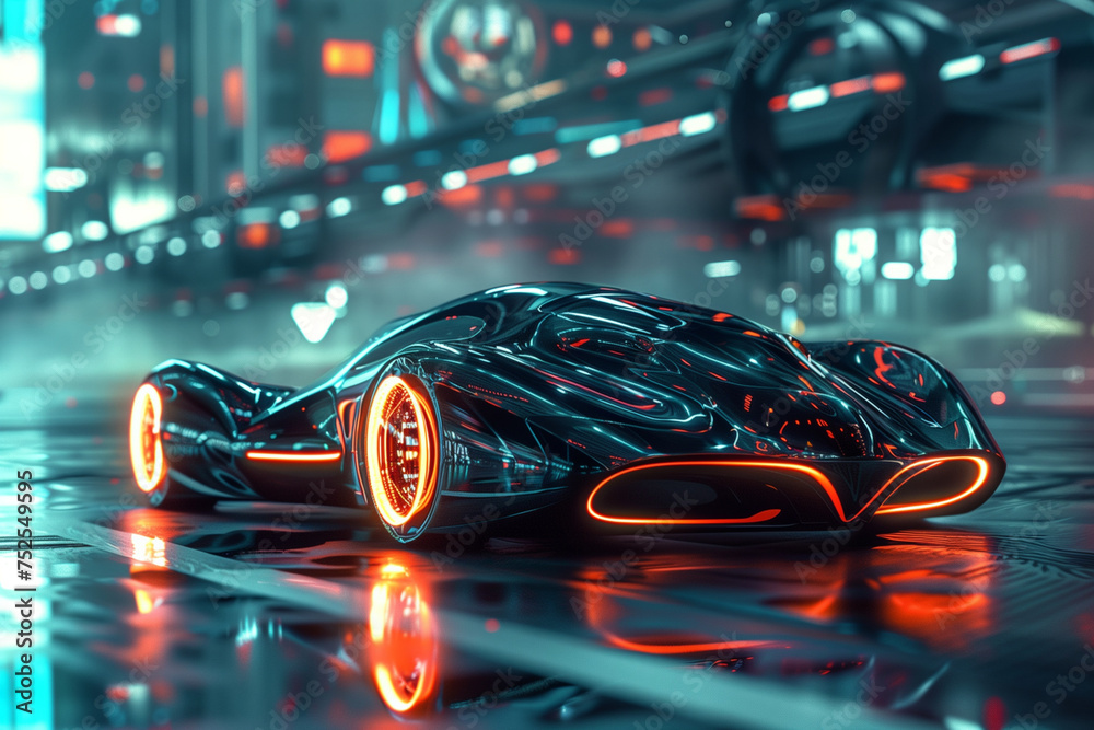 A futuristic car with neon lights on the wheels and a shiny black body. The car is surrounded by a cityscape with tall buildings and a highway in the background. Scene is futuristic and exciting