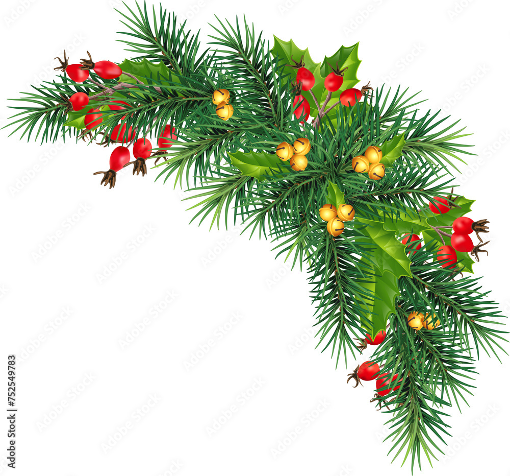 Christmas garland. pine twigs and spruce branches. Christmas border with holiday decorations on transparent, png