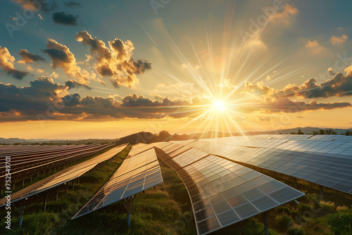 A solar panel is shown in a field with the sun shining on it. Concept of energy and sustainability, as solar panels are a renewable source of power. The bright sunlight highlights the panels