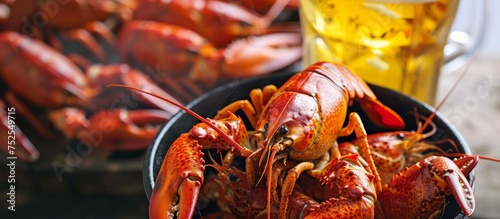 Delicious bowl of freshly cooked lobsters served with an ice-cold beer on a rustic table photo
