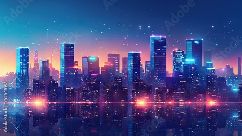 City  night and skyline by water with tech  network or light overlay for connection  iot or mockup space. Dark metro  cbd and skyscraper by ocean for developmen. AI generated illustration