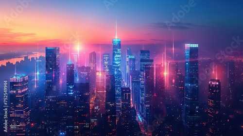 City, night and skyline by water with tech, network or light overlay for connection, iot or mockup space. Dark metro, cbd and skyscraper by ocean for developmen. AI generated illustration © Gulafshan