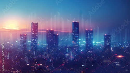 City, night and skyline by water with tech, network or light overlay for connection, iot or mockup space. Dark metro, cbd and skyscraper by ocean for developmen. AI generated illustration photo
