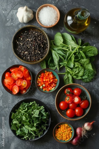 Top view of a fresh, colorful vegetable salad ingredients on a dark surface