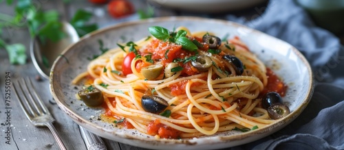 Delicious plate of pasta with fresh olives and ripe tomatoes on a rustic wooden table