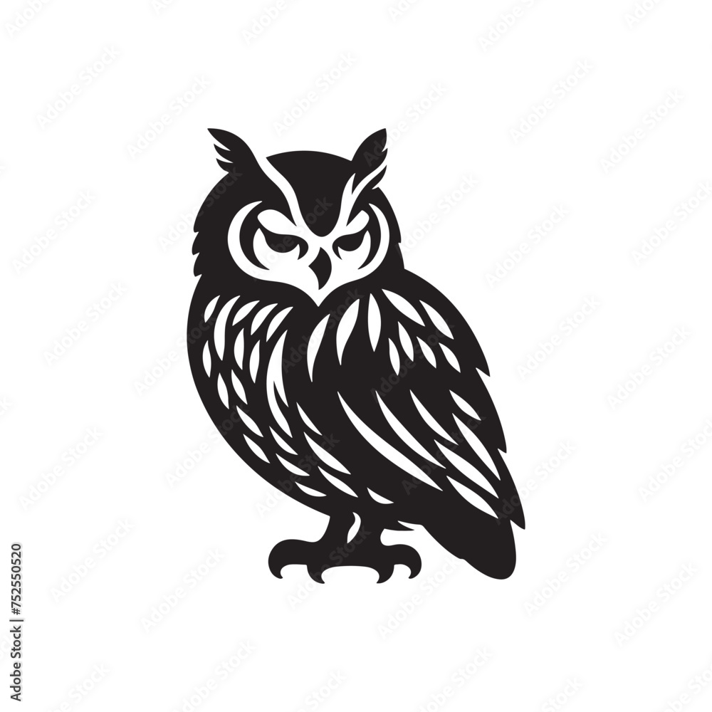 Obraz premium Night's Guardian: Black Vector Owl Silhouette - Capturing the Mystery and Majesty of Nature's Nocturnal Hunter. Minimalist Owl illustration.