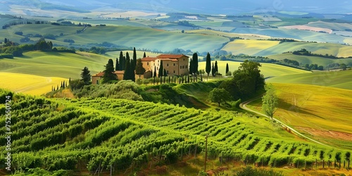 picturesque landscape inspired by Italian Tuscany full of greenery  hills and winding roads
