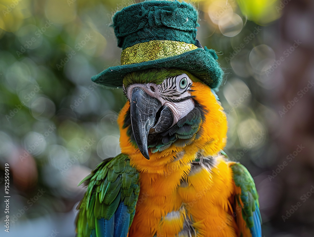 Macaw wearing a leprechaun hat