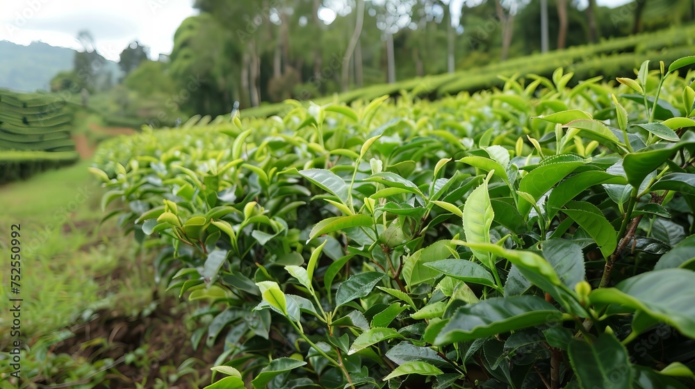 tea production at tea plantation with green tea bushes tea production at tea plantation with green tea bushes