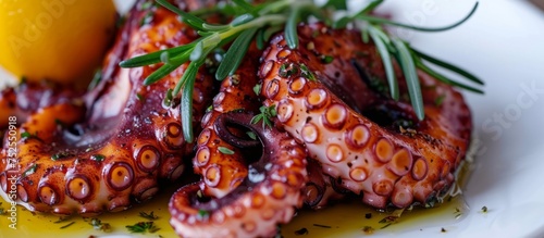 Delicious plate of grilled octopus tentacles with fresh lemon, seafood delicacy presentation