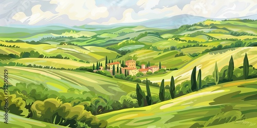 picturesque landscape inspired by Italian Tuscany full of greenery  hills and winding roads