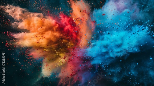 An explosive burst of vibrant colored powders swirling and colliding in a chaotic yet mesmerizing display  with hues of the rainbow blending seamlessly against a dark background