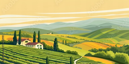 picturesque landscape inspired by Italian Tuscany full of greenery, hills and winding roads