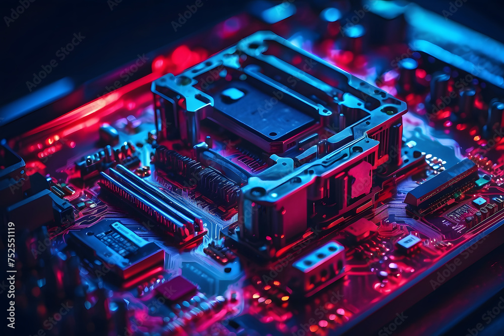 A close-up of a computer motherboard with red and blue lights, and computer graphics design.
