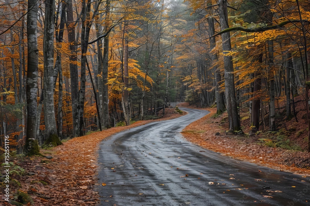 Empty forest road surrounded by autumn colors