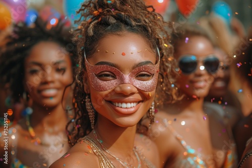 Portrait of three smiling girls at a party. Funny Brazilian women having fun at a street carnival