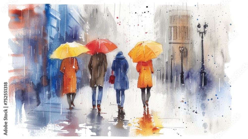 People with bright umbrellas walk through the city in the rain in this expressive watercolor, capturing the urban atmosphere and the beauty of a wet day