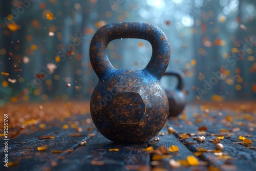 There is a heavy black sports kettlebell on the floor against the background of nature