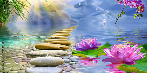 Zen Oasis: Immersive Ambiances and Tranquil Landscapes for Inner Peace. Tranquil Spa Graphics. Vivid. photo