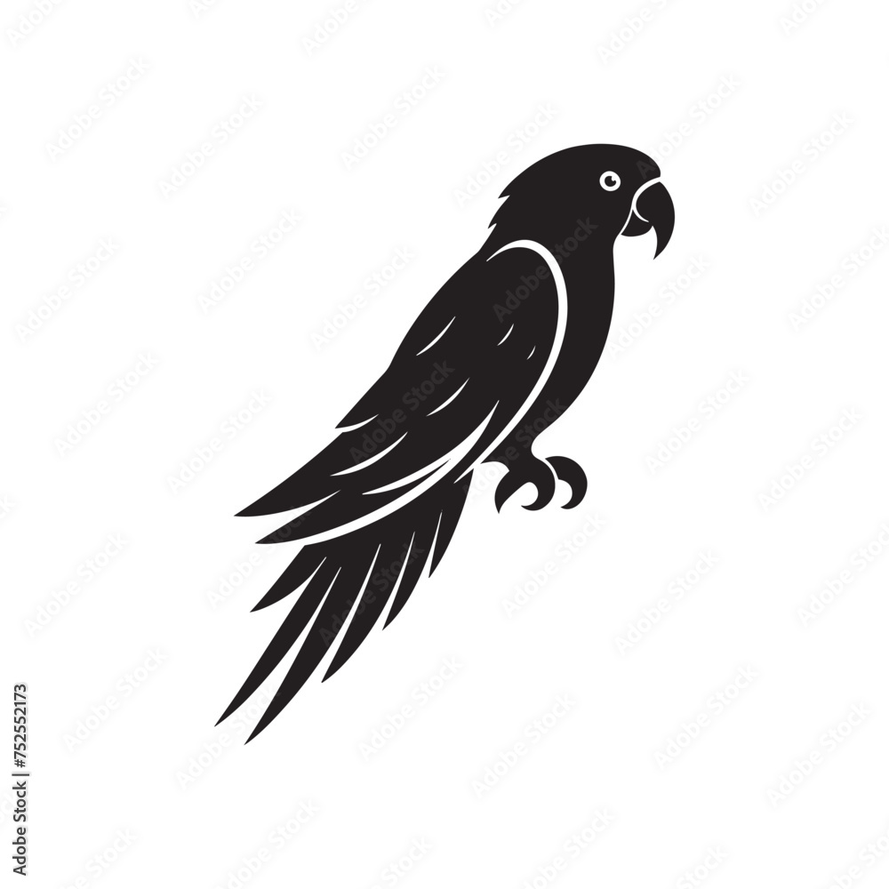 Obraz premium Shadow Parrot: Black Vector Parrot Silhouette - Capturing the Elegance and Charm of Nature's Vivid Avian Companion. Minimalist parrot illustration, Parrot vector.
