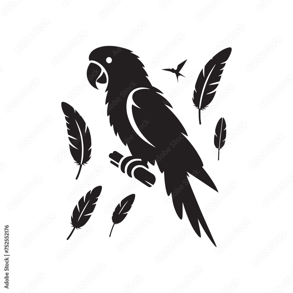Obraz premium Shadow Parrot: Black Vector Parrot Silhouette - Capturing the Elegance and Charm of Nature's Vivid Avian Companion. Minimalist parrot illustration, Parrot vector.