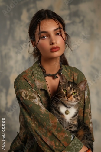woman in a green brown earth tone colour shirt holding a cat wearing a collar with unakite stone. photo