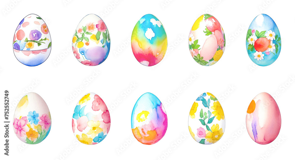 Set Of Watercolor Easter Eggs Isolated On White Background. Happy Easter. Collection Of Different Painted Easter Eggs Set Of Watercolor Easter Eggs Isolated On White Background. Happy Easter. Collection Of Different Painted Easter Eggs