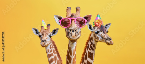 Creative, innovative Animal Design. Giraffe and group of animals in Chic High-End Fashion, Isolated on a Bright Background for Advertising, with Space for Text. Birthday Party Invitation Banner
