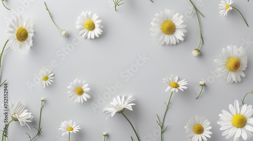 Chamomile flowers isolated on a light gray background, presenting a collection of beautiful chamomile flowers, synonymous with the summer sunny flower. These flowers hold medicinal properties