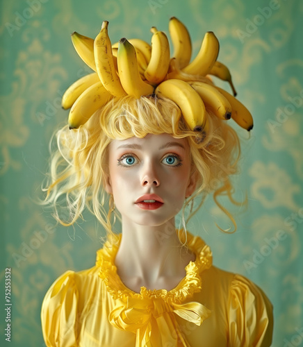 Blonde woman with bananas on her head and surprised expression