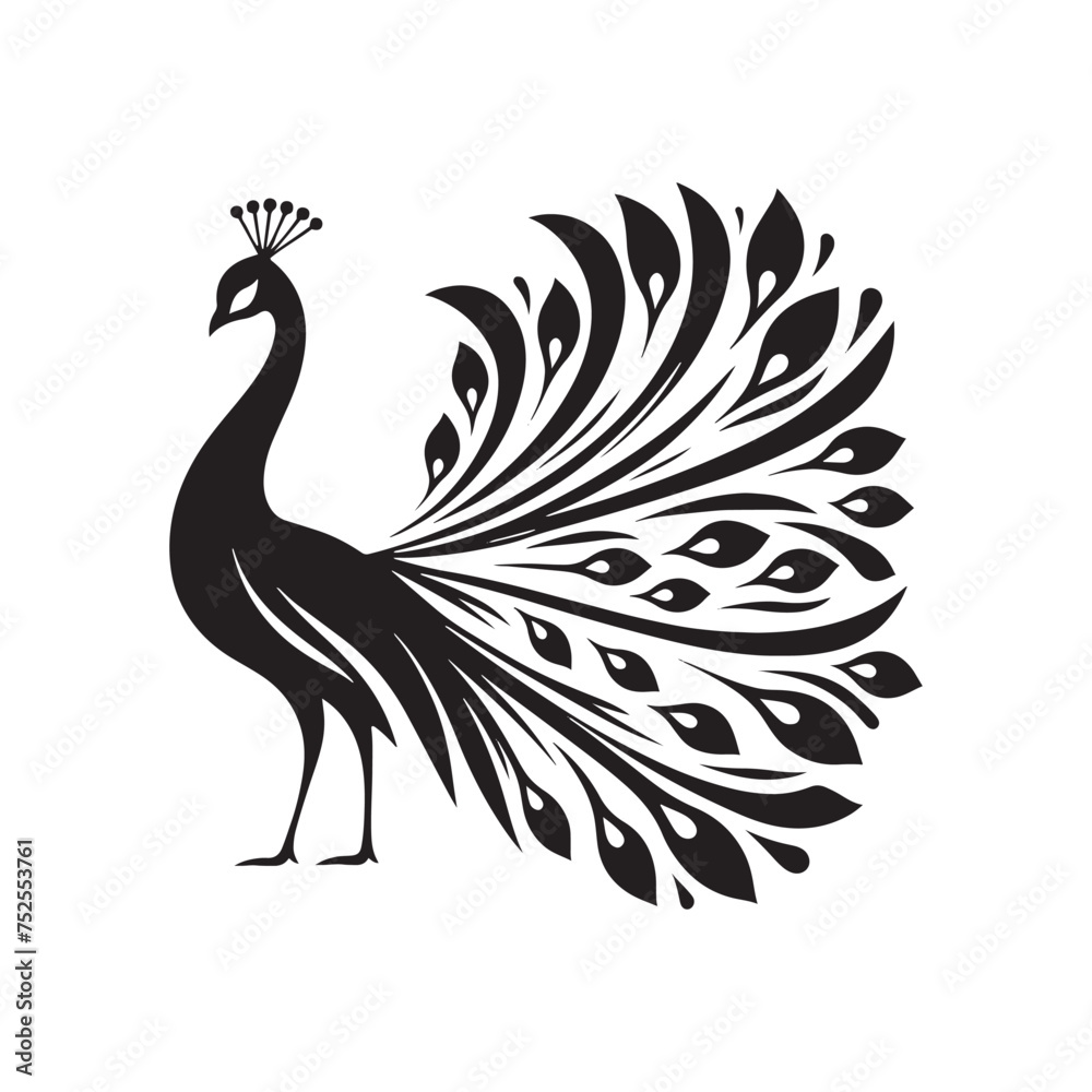 Night's Majesty: Black Vector Peacock Silhouette - Capturing the Elegance and Splendor of Nature's Enigmatic Avian Display. Minimalist Peacock illustration.