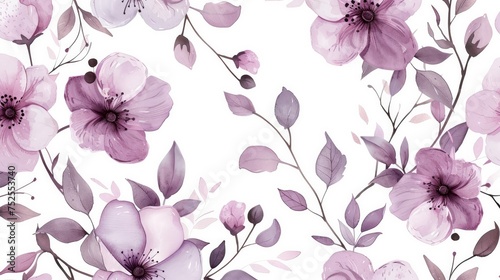 A seamless flower pattern with abstract branches, lilac pink pastel flowers, and leaves. This vintage watercolor-style vector illustration pops against a light white background