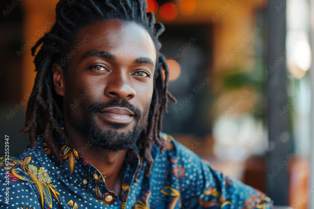 stylish and handsome african man in his 30s with well kept dreadlocks black hair, with a warm personality. Wearing a sophisticated, modest outfit with a hint of color. His face is kind and welcoming stylish and handsome african man in his 30s with well kept dreadlocks black hair, with a warm personality. Wearing a sophisticated, modest outfit with a hint of color. His face is kind and welcoming