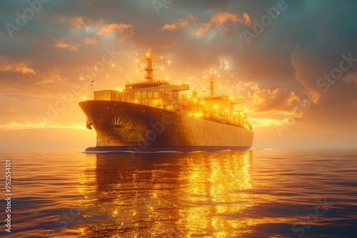 A ship with gold containers carries cargo by sea. Container ship