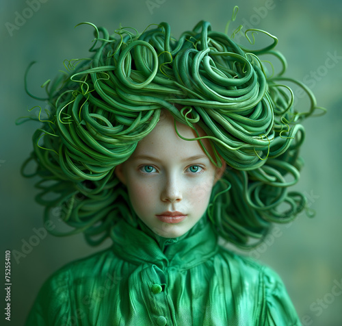 Teen girl wearing a whimsical headdress of green beans