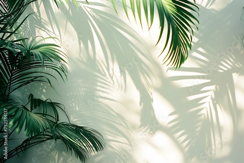 A serene composition featuring tropical palm leaves casting delicate shadows against a pristine white wall background