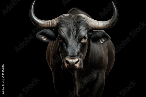 Portrait of a black bull with horns on a black background. Bullfight Concept. Encierro. San Fermin concept with Copy Space.