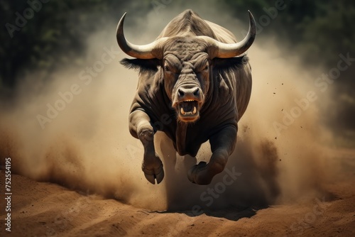 Bull running in the dust with big horns in the bullring. Bullfight Concept. Encierro. San Fermin concept with Copy Space.