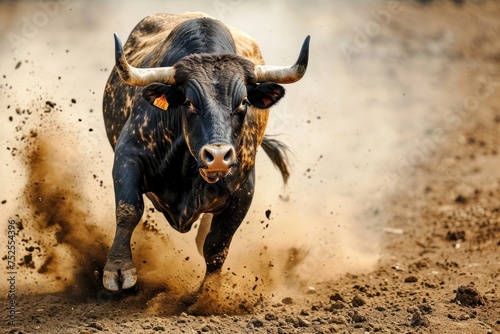 Bull running in a bullfight with dust and splashes, Spain. Bullfight Concept. Encierro. San Fermin concept with Copy Space. photo