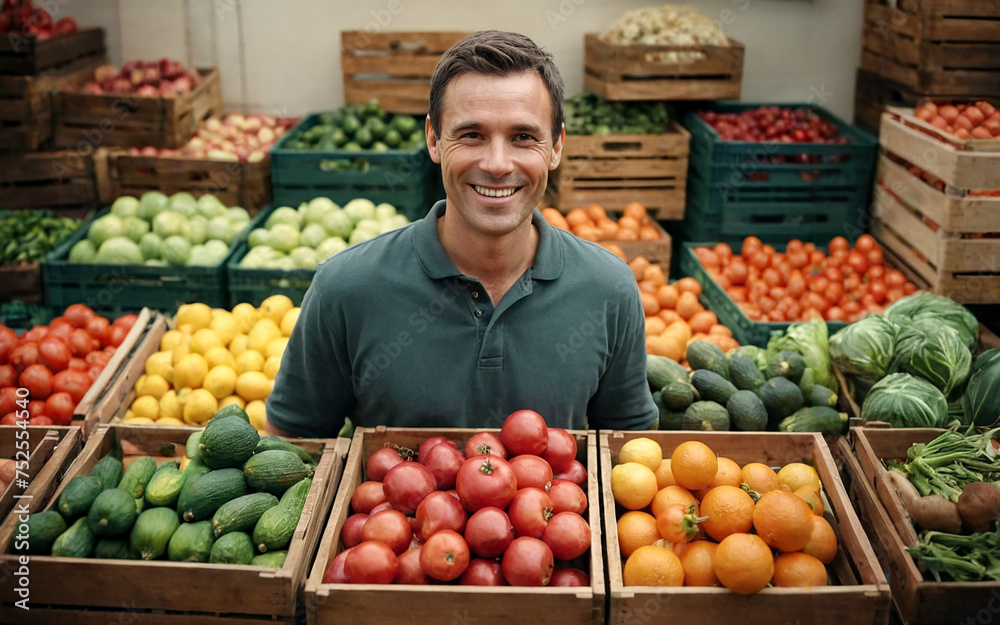 A young smiling farmer sells his organic fruits and vegetables A young smiling farmer sells his organic fruits and vegetables