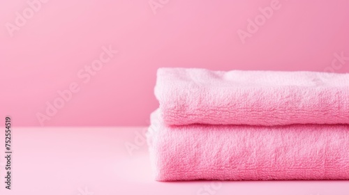 Pink cotton towels on a pink background. Bathroom decor and accessories.